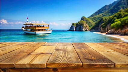 Obraz premium Empty wooden table on a summer beach with blurred touristic daily boat tour in the background, summer, beach, view, empty table