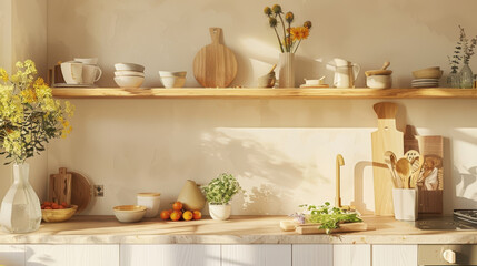 Stylish kitchen design with beige shelves, a wooden cutting board, and a mix of vases and accessories.