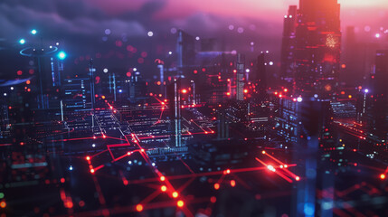 Obraz premium Smart digital Innovation city with connection network reciprocity over the cityscape .Concept of future smart wireless digital city and social media networking systems that people within the city