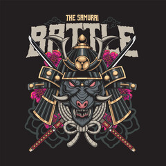 Vector Illustration of Black Panther Samurai with Swords in Vintage Illustration Available for Tshirt Design