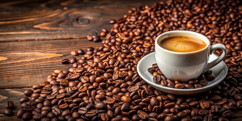 Naklejka premium Close up of a cup of coffee with roasted beans, coffee, beverage, caffeine, morning, drink, aroma, freshness, mug