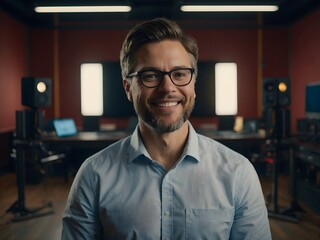 Obraz premium An individual is standing in a recording studio, surrounded by acoustic panels and professional audio equipment. The person’s face is blurred for privacy, emphasizing the focus on the studio environme