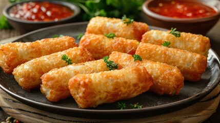 Crispy Golden Spring Rolls Served With Dipping Sauce
