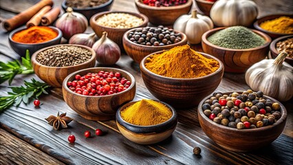 Wooden bowls filled with turmeric, garlic, and peppercorns on a tabletop , turmeric, garlic, peppercorns, wooden bowls
