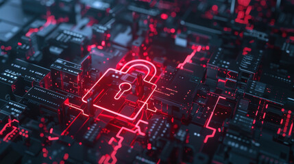 System compromised with a red broken padlock and cybersecurity alert message on screen.