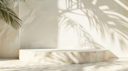 A minimalist concrete podium with a palm leaf shadow on a white wall.