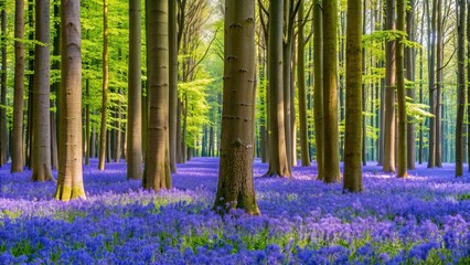 Fototapeta premium Enchanting forest of bluebell flowers in Hallerbos, La For?t de Soignes, bluebells, forest, nature, Belgium, spring