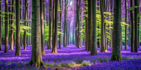 Obraz premium Enchanting purple forest in Hallerbos, Belgium, Hallerbos, La For?t de Soignes, bluebells, trees, woodland, spring, nature