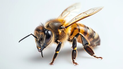 Close-up of a honey bee with detailed texture on a white background, showcasing the beauty of this essential pollinator in nature.