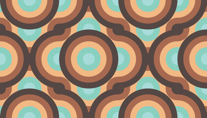 70s style abstract seamless pattern. Brown, beige and teal concentric circles create a groovy vibe.