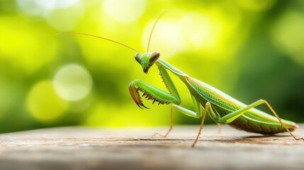 Close-up of a Green Praying Mantis on Wood