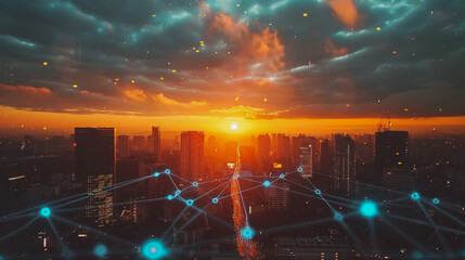 Fototapeta premium Smart digital Innovation city with connection network reciprocity over the cityscape .Concept of future smart wireless digital city and social media networking systems that people within the city