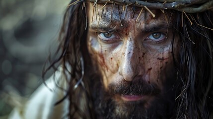 Close-up of a person portraying Jesus Christ wearing a crown of thorns with a focused, intense expression and dirt on their face.