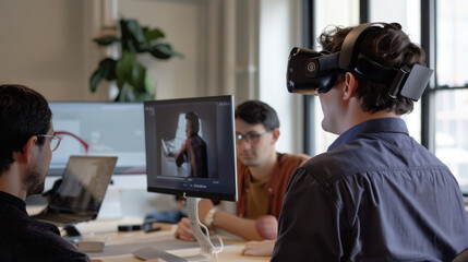 Team brainstorming session with virtual reality collaboration tools.