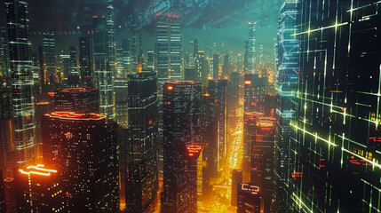 Obraz premium Smart digital Innovation city with connection network reciprocity over the cityscape .Concept of future smart wireless digital city and social media networking systems that people within the city