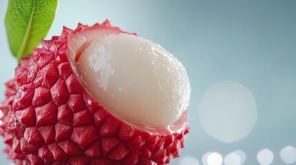 Close-up of a lychee being split open, juice glistening, with dramatic lighting to emphasize freshness and juiciness