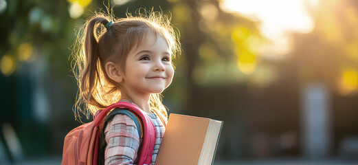 little girl happy about her return to school with her backpack and holding a book
