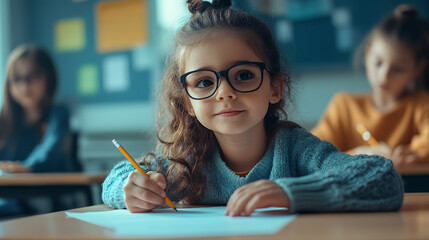 little girl sitting at her school desk taking notes on her first day of school