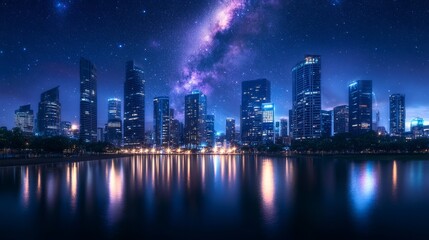 Fototapeta premium At night, the bustling city skyline is lit up with towering skyscrapers and twinkling city lights reflecting on the nearby river. It shows dazzling stars and cosmic dust in vivid blue and purple color