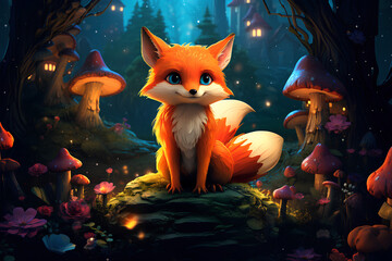 A beautiful fox in a magical mushroom village, in cartoon style, digital anime art, fantasy, animal, fairytale