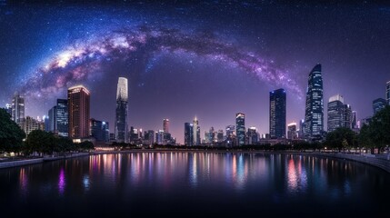 Fototapeta premium At night, the bustling city skyline is lit up with towering skyscrapers and twinkling city lights reflecting on the nearby river. It shows dazzling stars and cosmic dust in vivid blue and purple color