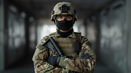 Naklejka premium A close-up of a soldier in full combat gear, standing with arms crossed, looking serious and ready for action in a dimly lit corridor.