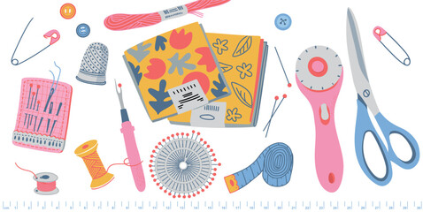 Set of sewing tools. Fat quarter, scissors, thimble, rotary cutter, tape measure. Sewing and quilting accessories isolated on white. Hand drawn flat color illustration