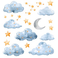 Watercolor Clouds and Stars