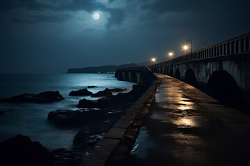 Obraz premium a bridge that goes straight towards the sea at night when it rains