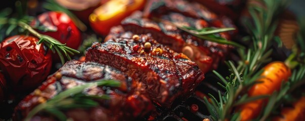 Succulent meat dish garnished with herbs and roasted vegetables, showcasing vibrant colors and rich textures, perfect for culinary presentations.