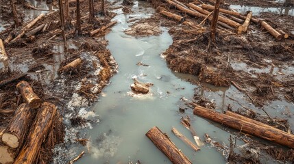 Flooded Forest After a Logging Operation