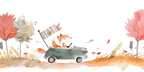 Cute Fox Driving Car in Autumn Landscape