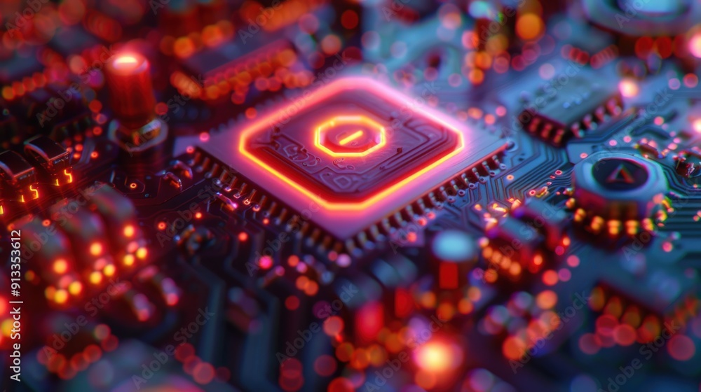 Poster a close-up shot of a glowing red cpu on a circuit board.