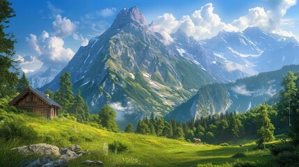 Obraz premium A Rustic Cabin Nestled in a Verdant Valley at the Foot of Majestic Snow-Capped Mountains
