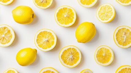 Fototapeta premium Fresh lemon halves and slices artfully arranged on a pristine white background, highlighting the vibrant yellow and juicy texture