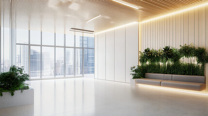 Modern office lobby interior, with white walls and a wood grain ceiling and light grey floor tiles