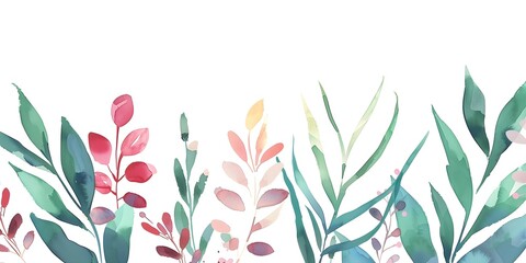 Watercolor Floral Border with Green and Pink Leaves