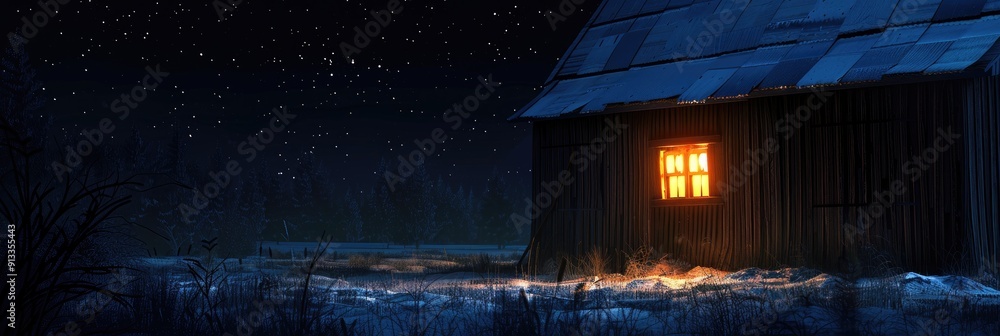 Wall mural Spooky barn with a lit window at nighttime