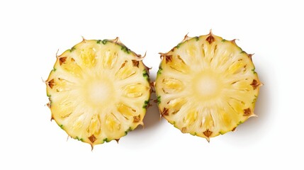 Fresh pineapple split in half, showing juicy, golden flesh and core. The texture of the skin and fruit is detailed, isolated on a white background