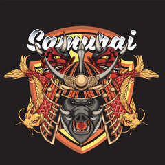Obraz premium Vector Illustration of Hog Samurai with Ronin Mask and Koi Fish in Vintage Illustration Available for Tshirt Design