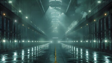 Powerful Cloud Computing Data Center with Rows of Humming Servers in Climate-Controlled Industrial Environment