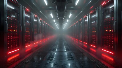 Powerful Cloud Computing Data Center with Rows of Humming Servers in a Climate-Controlled Industrial Environment