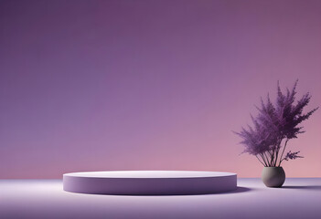 A minimal product stand set on a purple background color with a purple flower