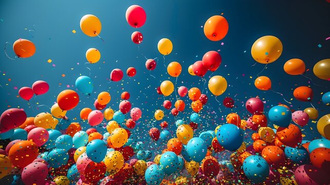 Playful and Colorful Balloons Floating in a Clear Blue Sky,Celebrating a Festive and Joyful Atmosphere