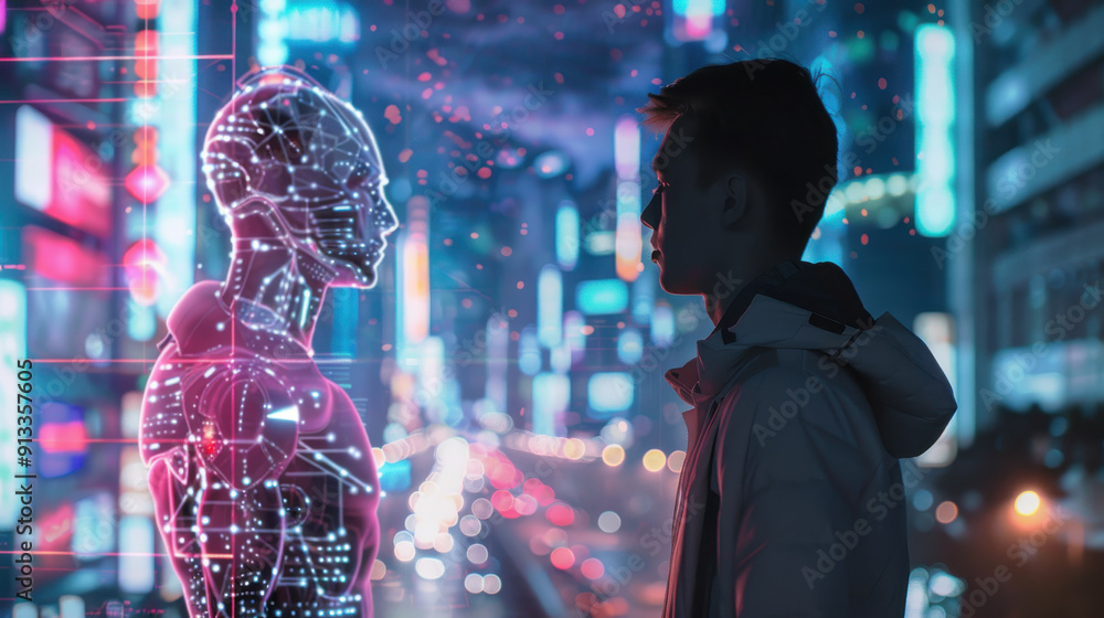 Poster virtual chat with ai: man seeking answers from an intelligent artificial intelligence, futuristic sm