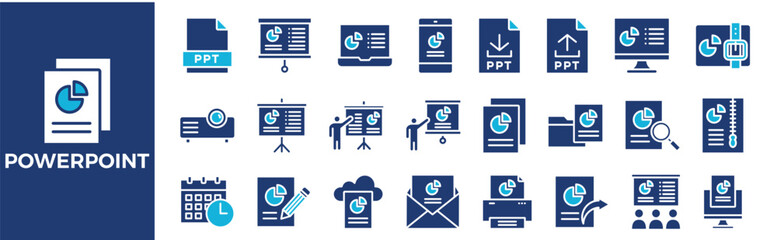 Powerpoint icon collection set. Containing design, technology, banner, abstract, template, marketing, business and more. Solid vector icons collection.	