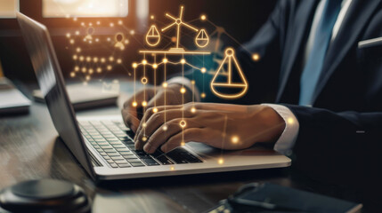 Virtual legal consultation: Businessman using a laptop with icons for legal services, providing online advice on labor law for companies