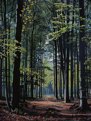 Fototapeta premium Beautiful view of the autumn forest in the morning. The leaves have turned yellow and red. digital landscape illustration