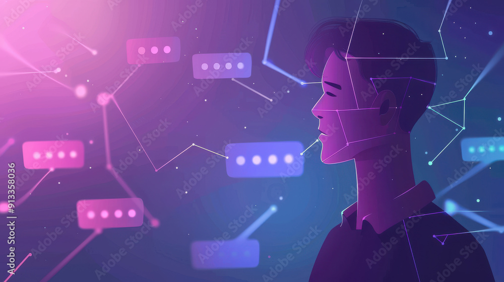 Poster virtual chat with ai: man seeking answers from an intelligent artificial intelligence, futuristic sm