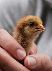 Newborn chick, fragile in the hands of a person. Delicate and soft